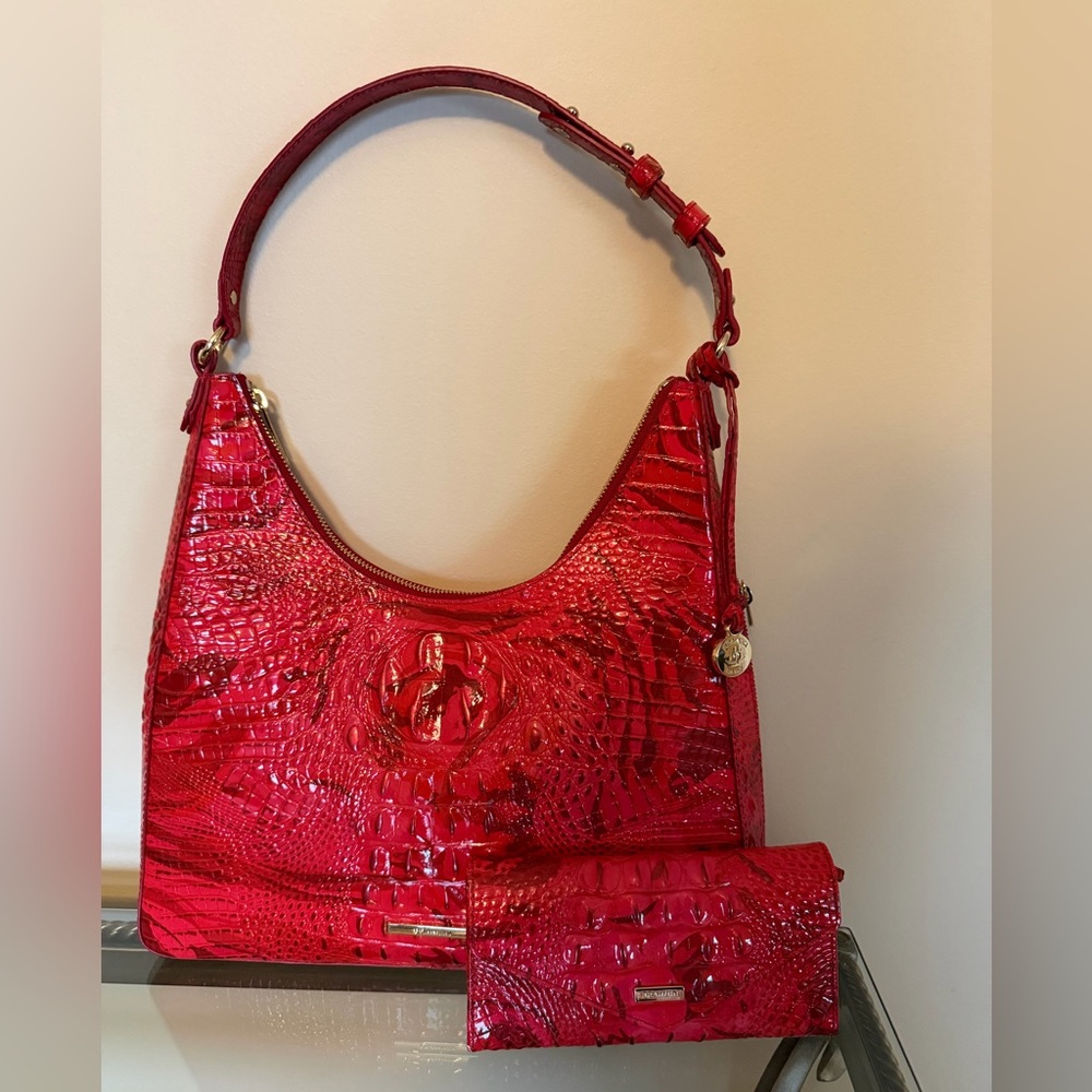 Brahmin Red Croc-Embossed Shoulder Bag with Matching Wallet